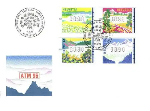 Schweiz, Mi. Nr. 7-10 Automatenmarken 1996 postfrisch, gestempelt + FDC Brief.