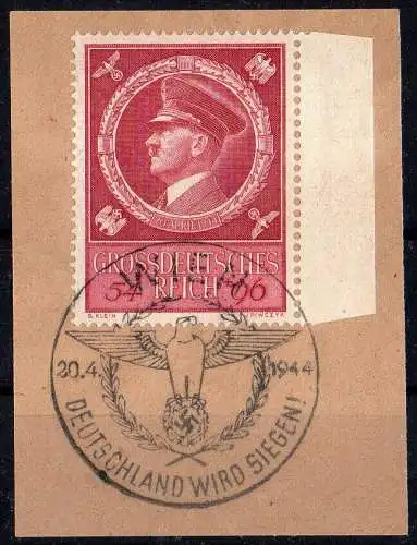 D. R., Michel Nr. 887 rechtes Seitenrandstück, Stempel 20.4.1944 auf Briefstück.