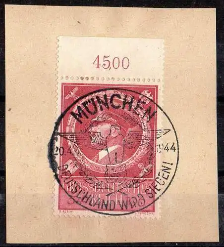 D. Reich, Michel Nr. 887 mit Randstück oben, Stempel München auf Briefstück.