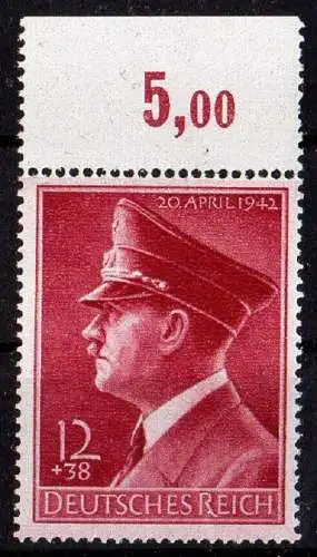 Deutsches Reich, Mi. Nr. 813 y mit Oberrand, 53. Geburtstag AH 1942 postfrisch.