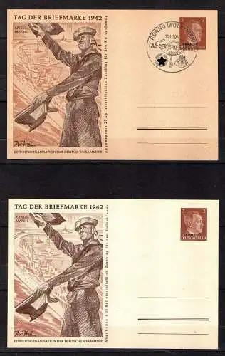 2 Ganzsachen Tag der Briefmarke 1942, 1 x gest. ROWNO, deut. Besetzung Ukraine.