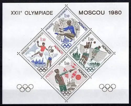 Monaco, Michel Nr. 1415-1418 Sonderblock  postfrisch Olympia 1980 Moskau.