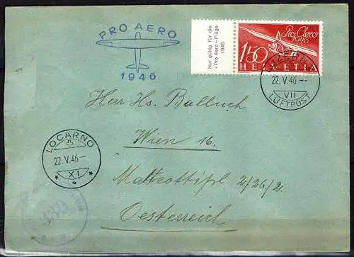 Schweiz, FDC Pro Aero 1946 -  Luzern nach Wien Österreich.