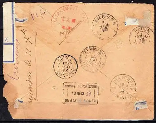 Brief von 1898 von Tonkin (Vietnam) nach Rouen (Frankreich).