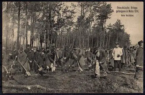 Französische Kriegsgefangene in Wahn 1914 beim Holzfällen.