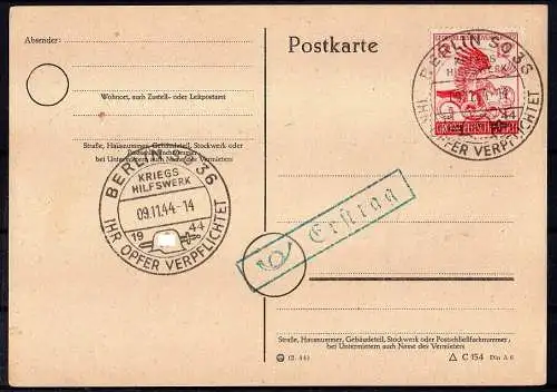 Deutsches Reich, Michel Nr. 906 Ersttagspostkarte 09.11.44.