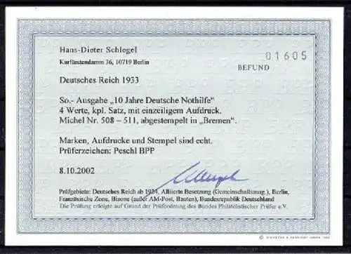 Deutsches Reich, Michel Nr. 508-11 aus Nothilfeblock 2 gestempelt, geprüft BPP.