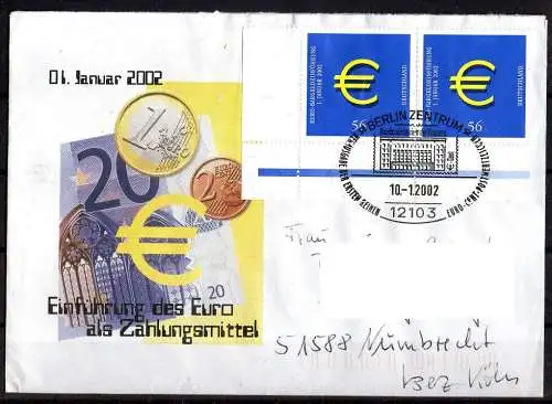 BRD, Mi. Nr. 2234 Eckrand u. l. Brief mit Ersttagsstempel Berlin 10.01.2002