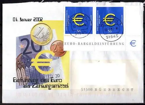 BRD, Mi. Nr. 2234 Eckrand u. r. Brief mit Ersttagsstempel Waldbröl 10.01.2002
