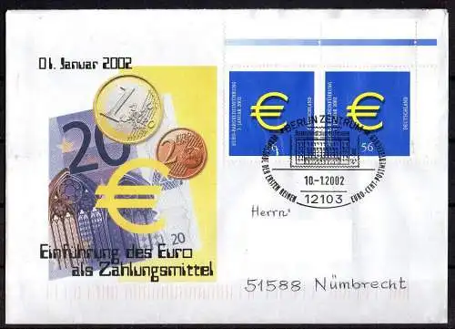 BRD, Mi. Nr. 2234 Eckrand o. r. Brief mit Ersttagsstempel Berlin 10.01.2002