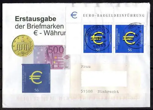 BRD, Mi. Nr. 2234 Eckrand o. l. Brief mit Ersttagsstempel Waldbröl 10.01.2002