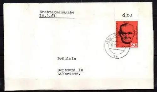 Berlin, Michel Nr. 197 Oberrandstück,  Erstausgabetag 16.2.61, Stempel Dortmund.