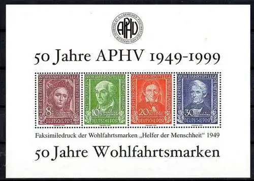 BRD, 50 Jahre APHV 1949 - 1999 50 Jahre Wohlfahrtsmarken, Faksimile.