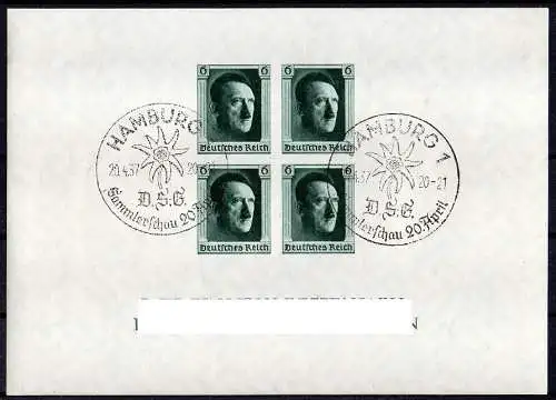 Deutsches Reich, 16, April Blockausgabe, geprüft Schlegel BPP  gestempelt.