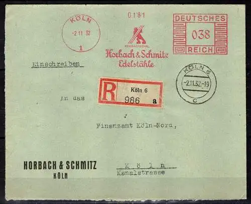 D. Reich, Freistempler 1932 als Einschreiben der Firma Horbach & Schmitz, Köln.