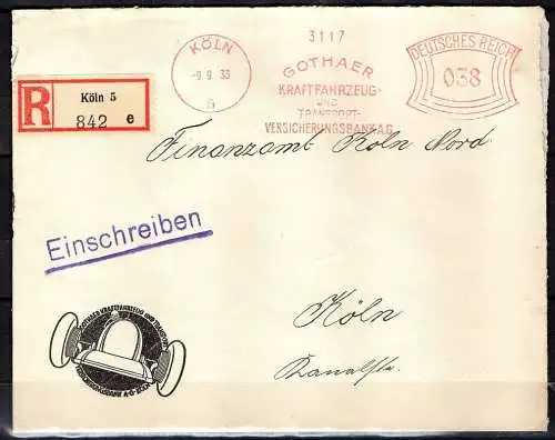 D. Reich, Freistempler 1933 als Einschreiben der Gothaer Versicherung AG Köln.