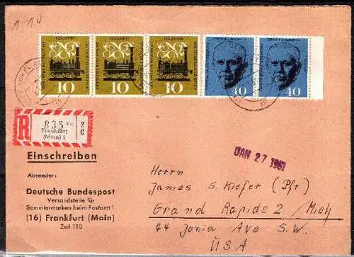 BRD, Michel Nr. 344 + 345 Einschreiben in die USA mit Mehrfachfrankatur.