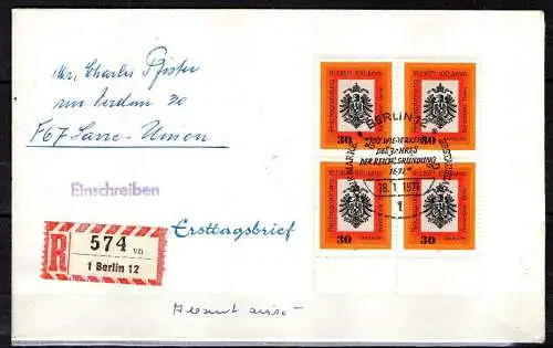 Berlin, Mi. Nr. 385 (Reichsgründung) Ersttagsstempel auf 4er-Block Einschreiben.
