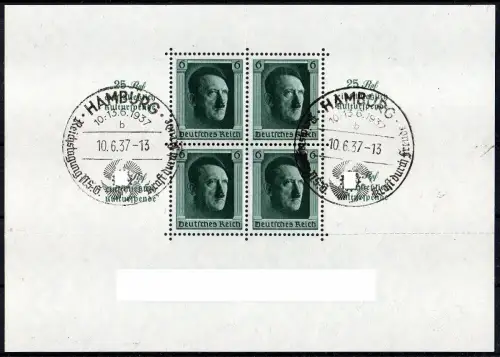 D. R., Block 9 mit Ersttagsstempel Hamburg 10.6.37, mit Originalgummi ohne Falz.