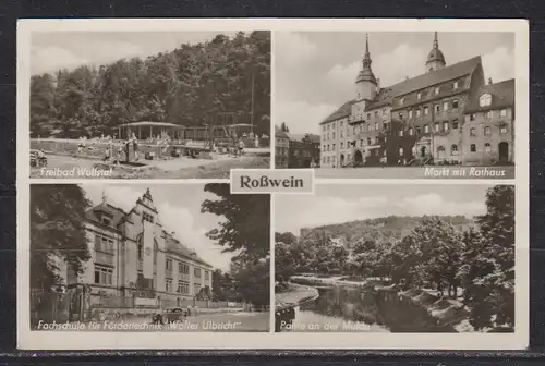 [Echtfotokarte schwarz/weiß] Roßwein : Freibad Wolfstal/Markt mit Rathaus/Fachschule für Fördertechnik " Walter Ulbricht"/Partie an der Mulde. 