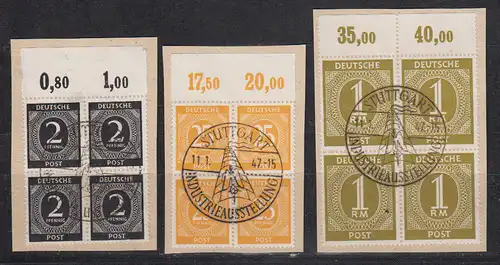 All. Bes. Gem.-Ausg. 1946 Nr 912 927 937 OR-4er-Blocks Plattendruck o Sonderstempel Kontrollrat 912,927,937 (4) o