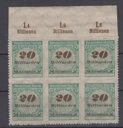 Deutsches Reich 1923 Nr 329B ** 6er-Bl. mit HT + Platte A Postfrisch / ** Dt.Reich 326B ** Pl.A+HT