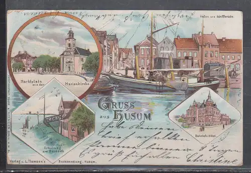 [Lithographie] Gruss aus Husum (Marktplatz/Hafen und Schiffbrücke/Erholung am Seedeich/Bahnhofs-Hotel). 