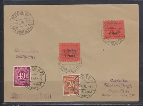All. Bes. Sowj. Zone 1946 Nr Lokalpost Spremberg 15/16A + Kontrollrat 925 929 Brief Spremberg 15/16A MiF