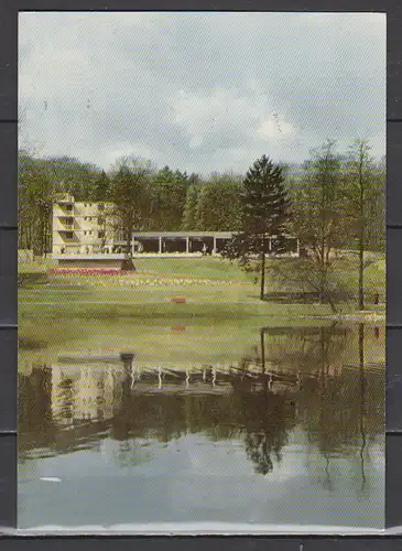 [Echtfotokarte farbig] Deutsch-Französische Gartenschau Saarbrücken, April-Okt. 1960 " Hauptgaststätte am Deutschmühlenweiher". 
