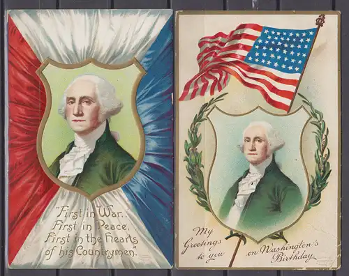 [Lithographie] 2 Karten mit " My Greetings to You on Washington´s Birthday " und " First in War,First in Peace,First in the Hearts of his Country". 