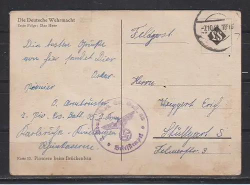 Deutsches Reich 1941 Nr Feldpost II.WK Ansichtskarte Dt.Reich II.WK FP 1941