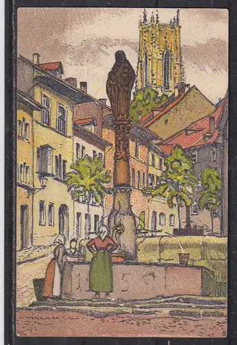 [Künstlerpostkarte Unikat gemalt/gezeichnet] Carte Postale/Fribourg:Fontaine St.Anne et Place Petit St.Jean. 