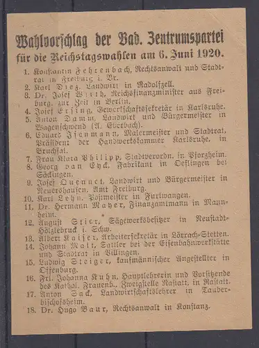 Deutsches Reich 1920 Nr ohne Brief Dt.Reich Wahlvorschlag