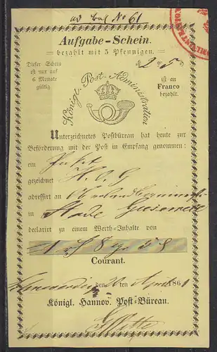 Altdeutschl. Hannover 1861 Nr Aufgabe-Schein Brief Hannover Aufgabe-Schein 1861