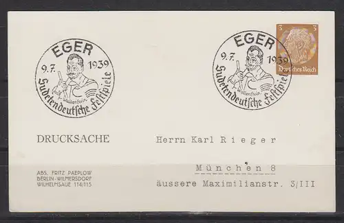 Deutsches Reich Nur Hauptgebiet 1939 Nr PP 122 SSt Sonderstempel PP 122 SSt Eger