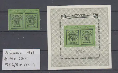 Schweiz 1943 Nr Block 10 * und 423 L/R ** Postfrisch / ** Falz / Gummimängel / * Schweiz Bl. 10 u.a.