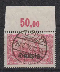 Deutsches Reich 1920 Nr 12 Oberrand Platte o Zentraler Rund / Vollstempel Danzig 12b o
