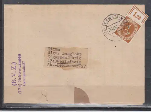 Bundesrep. Deutschland 1952 Nr 124 OR Walze EF Brief Bund EF 124