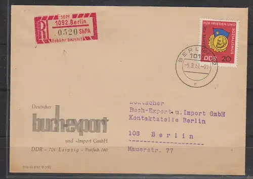 DDR 1967 Nr Einschreibemarke 1092 Brief DDR EM 1092