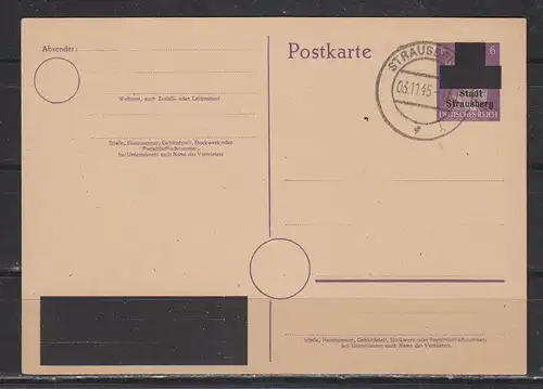 All. Bes. Sowj. Zone 1945 Nr Ganzsache PE 803II o Gefälligkeitsstempel Straußberg PR 803II