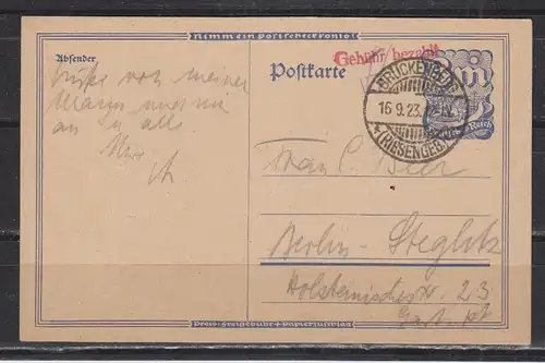 Deutsches Reich 1923 Nr GZS P 150 o Barfreimachung Dt.Reich P 150 + Barfreimachung