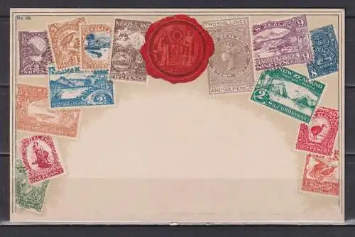 [Lithographie] New Zealand Postage Stamp Card /One Penny Made in Bavaria (Zieher Karte No. 59) ungebraucht. 