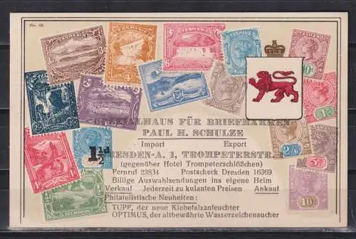 [Werbepostkarte] Spezialhaus für Briefmarken Paul H.Schütz Dresden A.-1 ... 