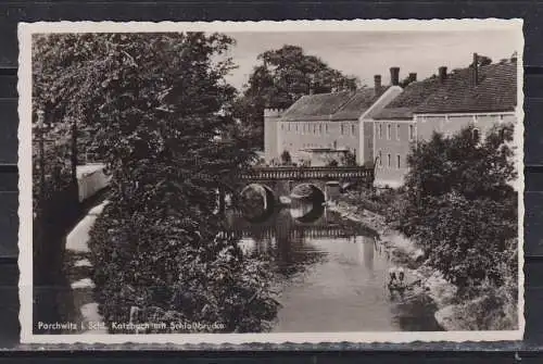 [Echtfotokarte schwarz/weiß] Parchwitz i.Schl. Katzbach mit Schloßbrücke. 