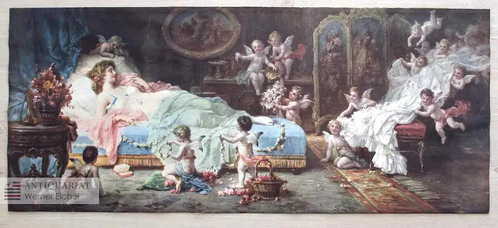 Hans Zatzka (Pseudonyme: Zabateri, P. Ronsard, Bernárd Zatzka, Joseph Bernard), Erträumtes Glück - Farbenlichtdruck - Hochzeitstraum Schlafzimmerbild 0
