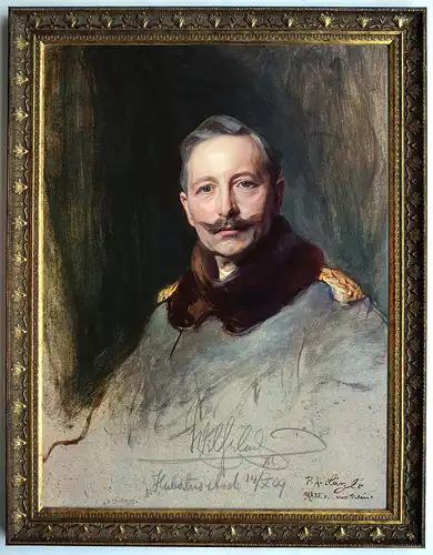 Kaiser Wilhelm II, mit Autogramm 1909 auf A3 Kunstdruck, patriotisch gerahmt