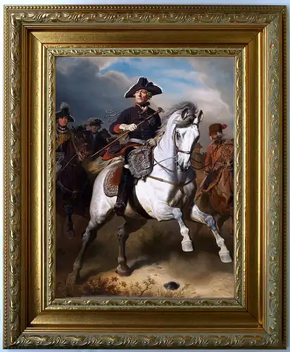 Friedrich der Große. 45x55cm Druck auf Leinwand n. Camphausen, im Barockrahmen