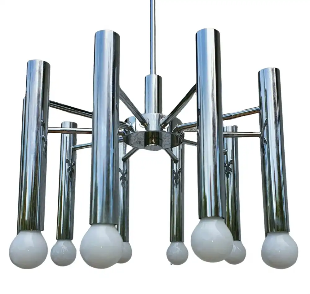 Space Age Design Chrom Decken Leuchte Leuchter Lampe 10 flammig 42cmØ 58cm hoch 60/70er Jahre 3