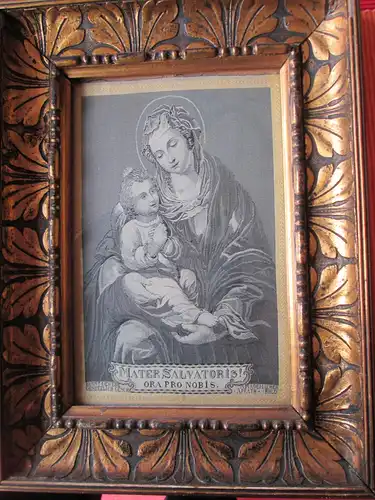 Antikes Webbild Seide ? Madonna mit Kind von 1894 hinter Glas