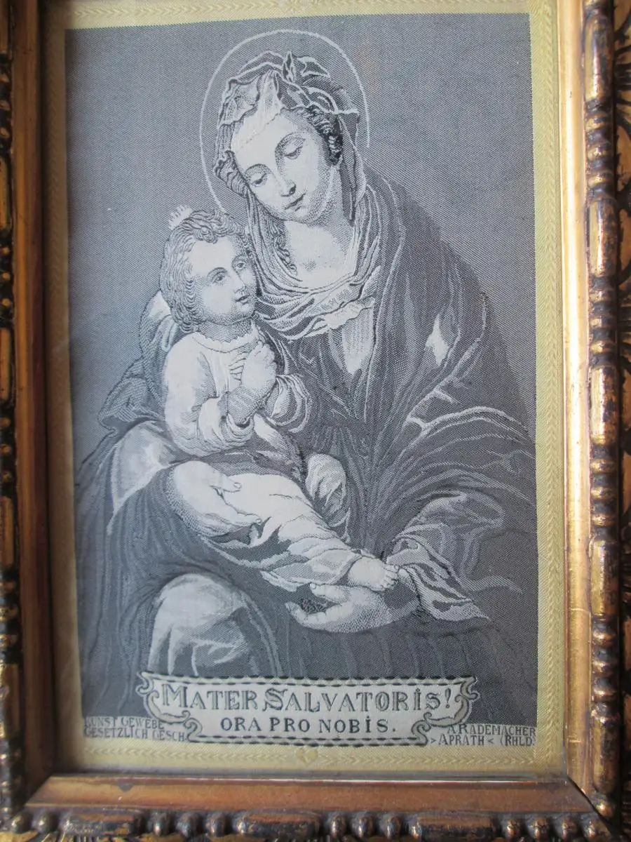 Antikes Webbild Seide ? Madonna mit Kind von 1894 hinter Glas 1